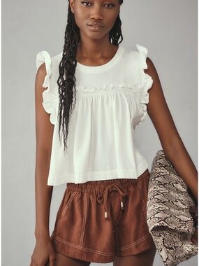 Maeve White Ruffle-Trim Sleeveless Tank